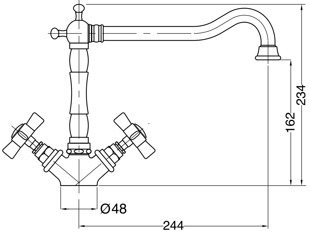 Spültisch-Einlochbatterie AqvaRetro II - schwenkbarer Auslauf - keramische Innenoberteile 90° - flexible Druckschläuche 3/8", DVGW W270 - chrom