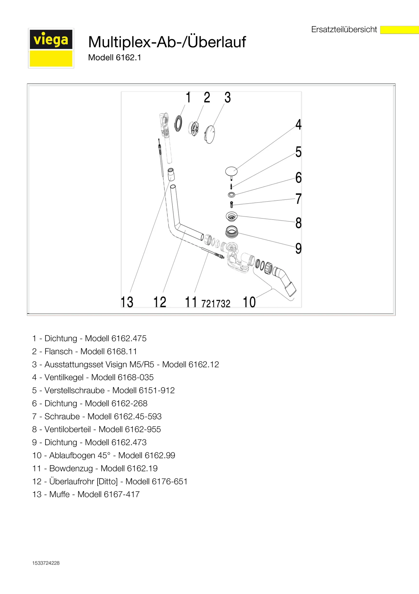 Viega Ab- und Überlaufgarnitur Modell 6162.1 „Multiplex“ für Standardwannen (Ablauf am Fußende) Viega Ab- und Überlaufgarnitur Modell 6162.1 „Multiplex“ für Standardwannen (Ablauf am Fußende)