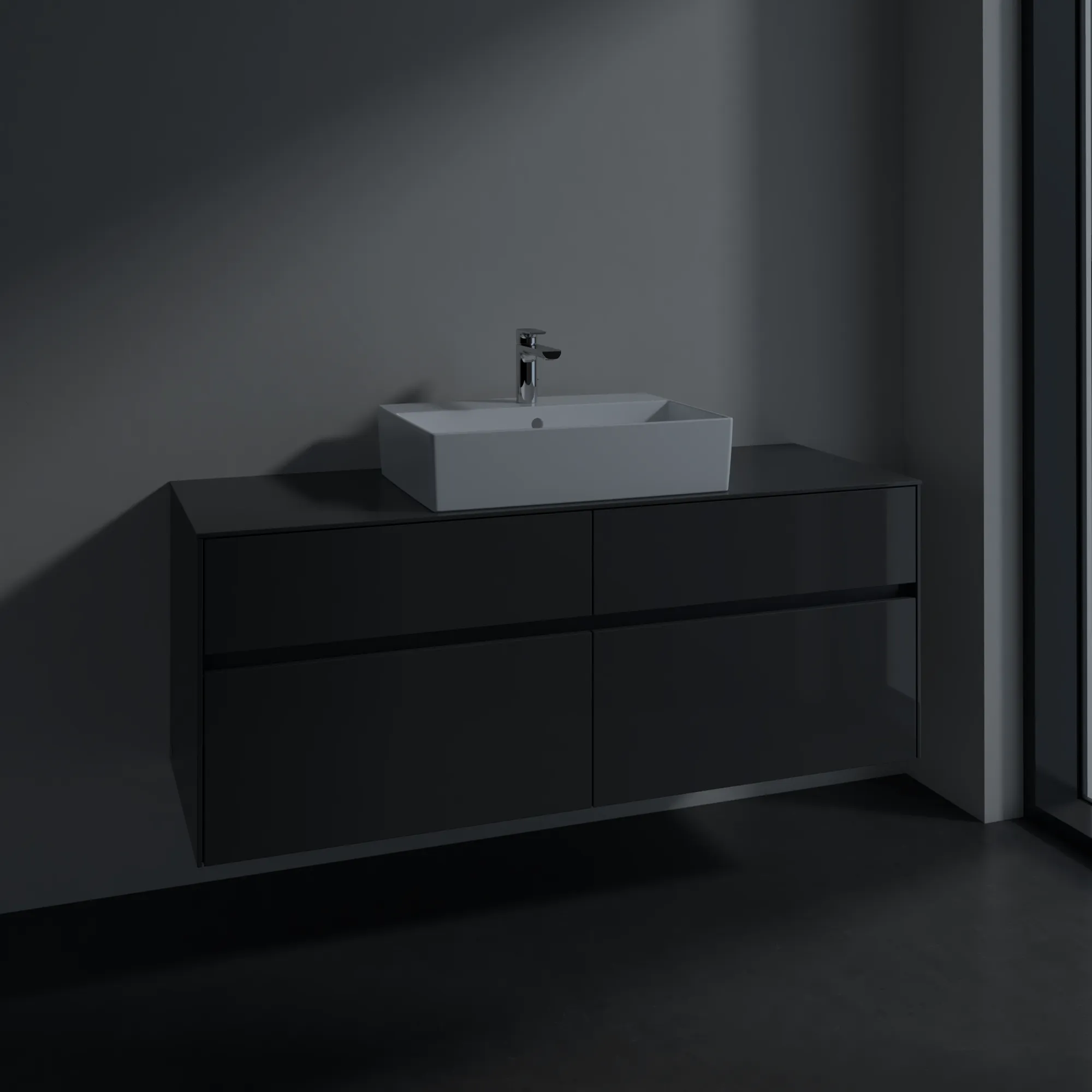 Villeroy & Boch Waschbeckenunterschrank Collaro C13100, Eckig Glossy Grey, 1400x548x500 mm, 4 Auszüge mit SoftClosing, mittige Wanneneinbauposition Villeroy & Boch Waschbeckenunterschrank Collaro C13100, Eckig Glossy Grey, 1400x548x500 mm, 4 Auszüge mit SoftClosing, mittige Wanneneinbauposition