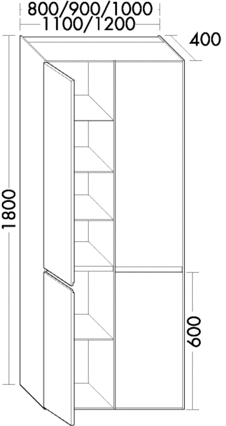Hochschrank, 4 Türen;2 Korpuselemente;je Element: 4 Glaseinlegeböden, 1 fester Boden, Tiefe: 400 mm, Breite: 1000 mm, Höhe: 1800 mm Hochschrank, 4 Türen;2 Korpuselemente;je Element: 4 Glaseinlegeböden, 1 fester Boden, Tiefe: 400 mm, Breite: 1000 mm, Höhe: 1800 mm