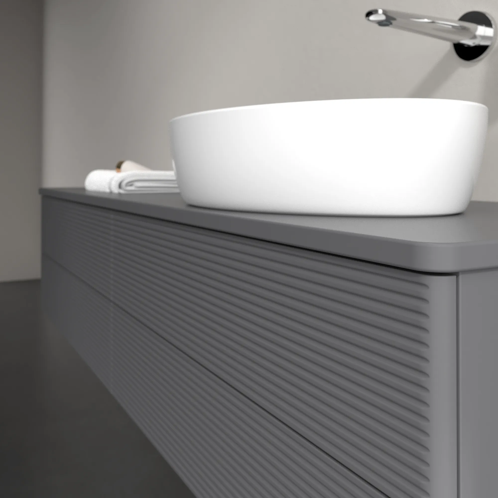 Villeroy & Boch Waschtischunterschrank „Antao“ 1600 × 360 × 500 mm Anthracite Matt Lacquer, für Becken rechts, ohne Beleuchtung Villeroy & Boch Waschtischunterschrank „Antao“ 1600 × 360 × 500 mm Anthracite Matt Lacquer, für Becken rechts, ohne Beleuchtung