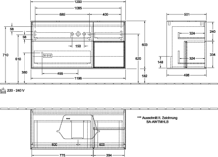 Villeroy & Boch Waschtischunterschrank „Finion“ für Schrankwaschtisch 120 × 60,3 × 50,1 cm 3 Schubladen, für Waschtischposition mittig, inkl. Beleuchtung mittig