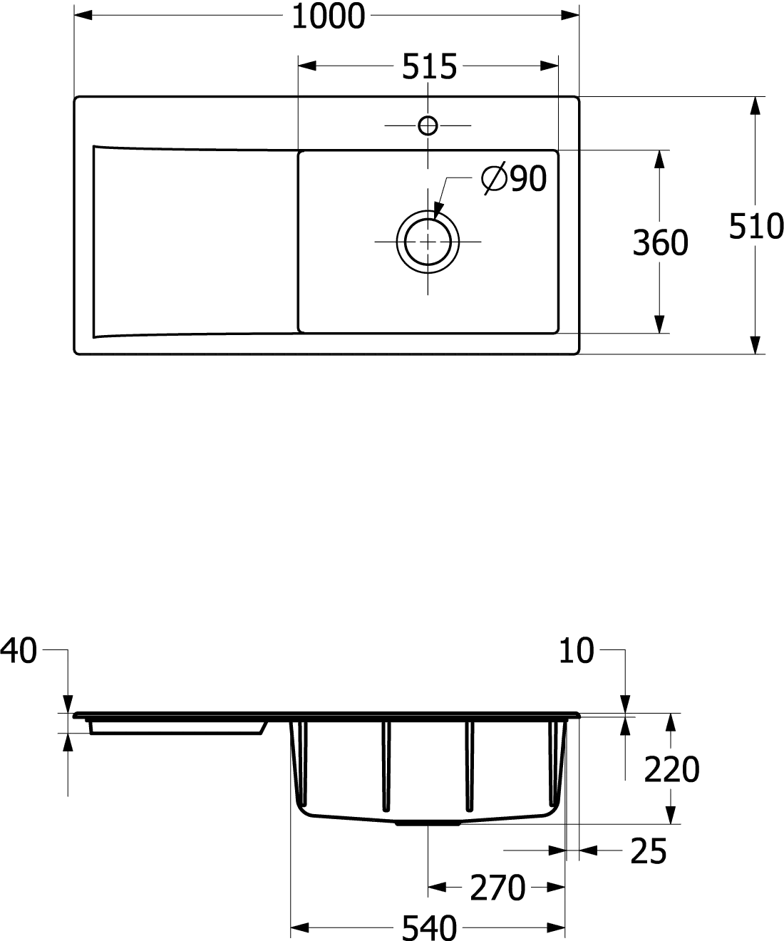 Villeroy & Boch Einbau-Küchenspülbecken „Subway Style“ 60 1000 × 510 × 220 mm, für Becken rechts in Snow White