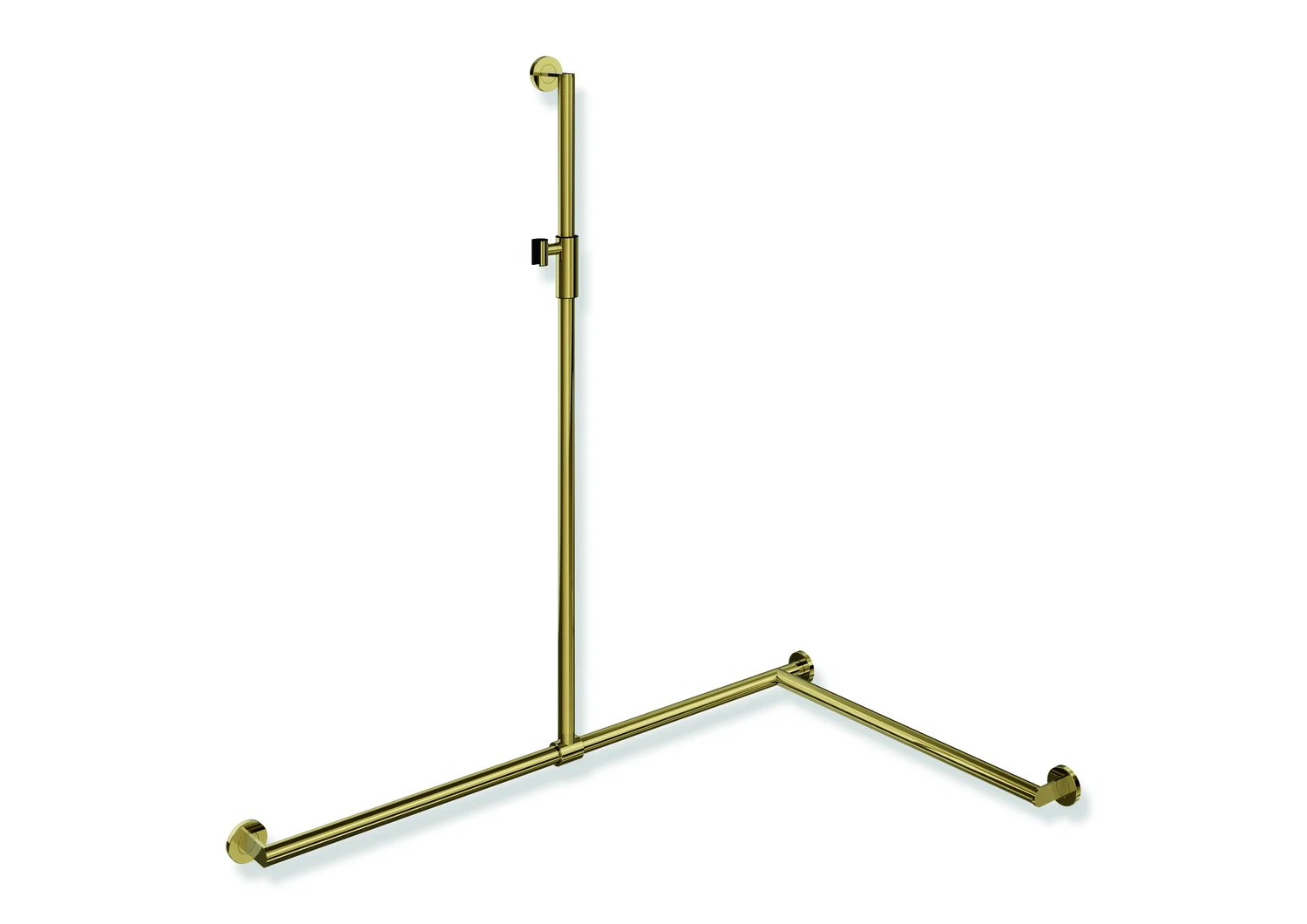 HEWI Duschhandlauf System 900, Edelstahl PVD Gold glänzend, verschiebbarer Brausehalter, Eckmontage, Längen: 1250 mm (senkrecht), 1185 mm & 765 mm (waagerecht), Durchmesser 32 mm