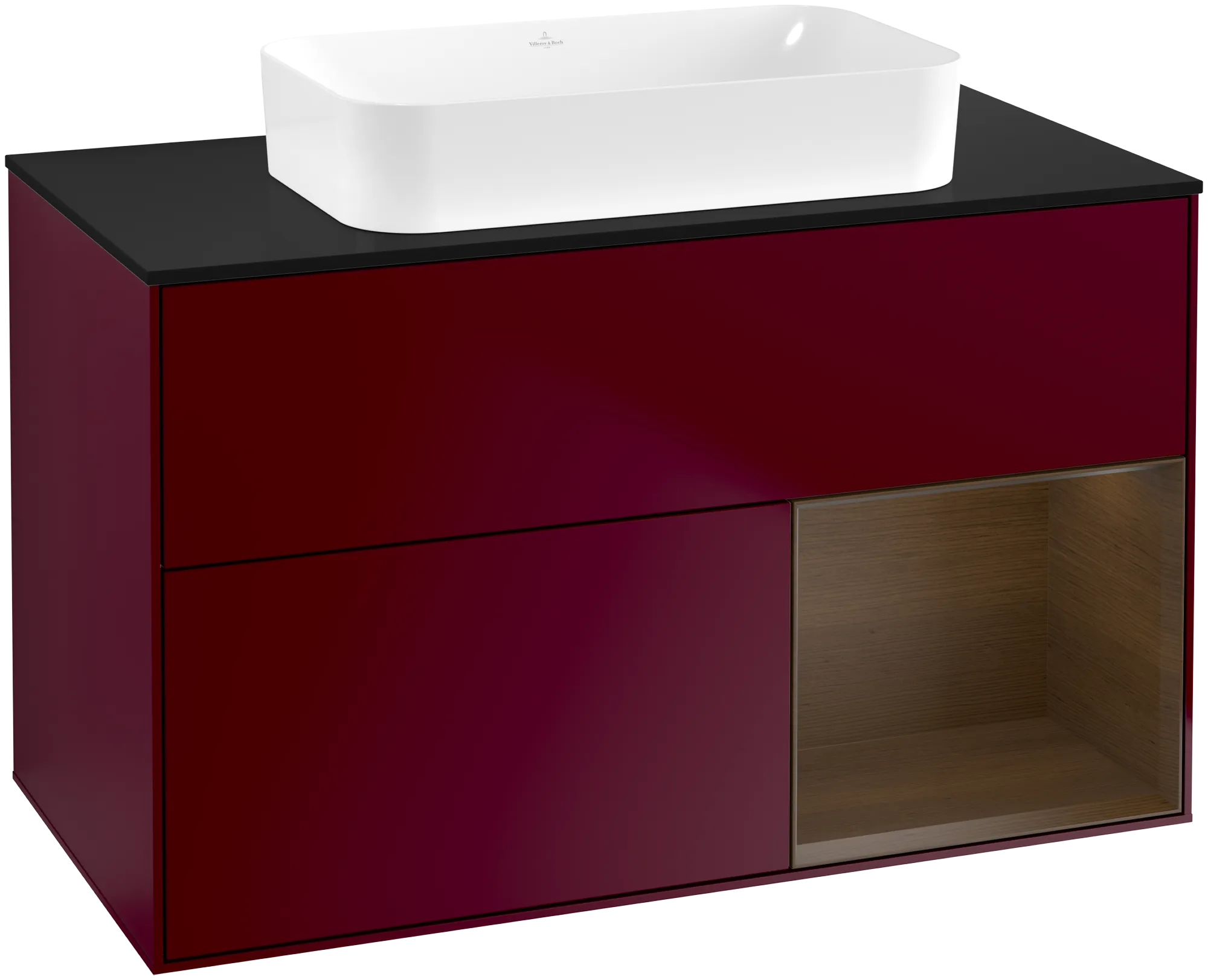 Villeroy & Boch Finion Waschbeckenunterschrank F66, 1000 x 603 x 501 mm, mit Beleuchtung, 2 Auszüge, Peony Matt Lacquer / Walnut Veneer / Glass Black