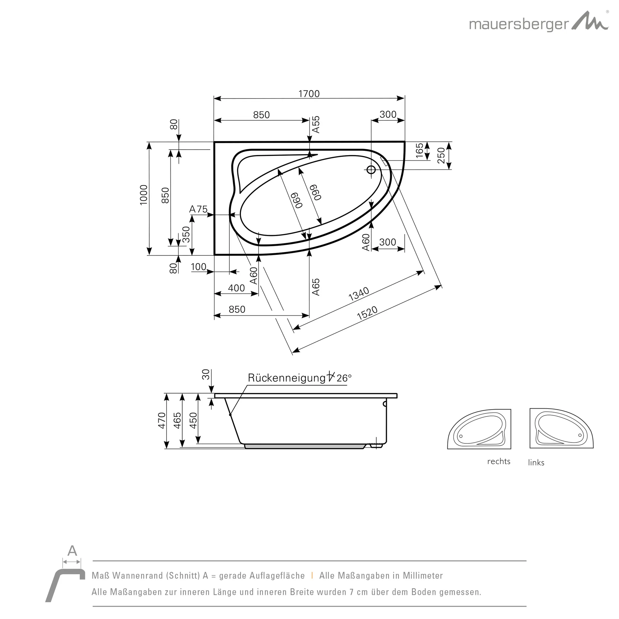 Mauersberger aspera Acryl-Badewanne 170/100 rechts, 1700x1000x470, weiß Mauersberger aspera Acryl-Badewanne 170/100 rechts, 1700x1000x470, weiß