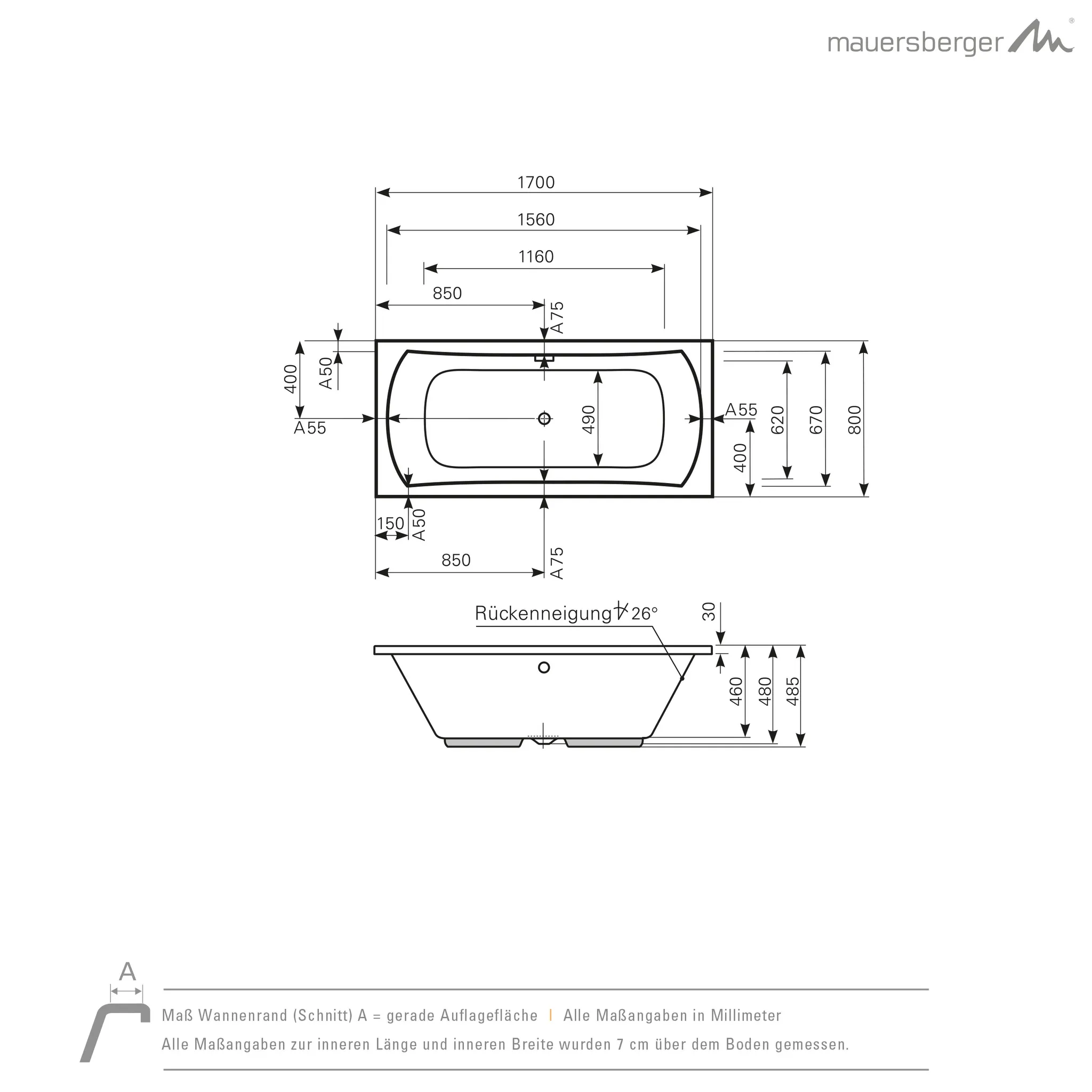 Mauersberger jucunda Acryl-Badewanne Rechteckform duo 1700x800x485, Farbgruppe 2
