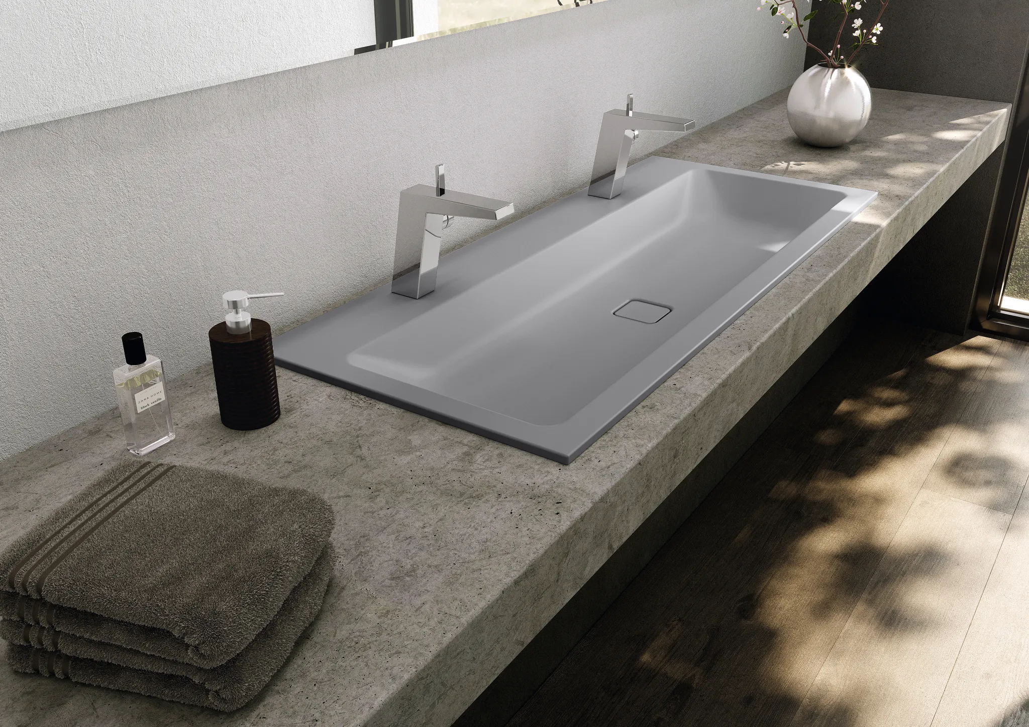 Doppelwaschtisch „Cono“ 120 × 50 cm, ohne Überlauf, mittig, mit Hahnlochbohrung in cool grey 90 mit Perl-Effekt Doppelwaschtisch „Cono“ 120 × 50 cm, ohne Überlauf, mittig, mit Hahnlochbohrung in cool grey 90 mit Perl-Effekt