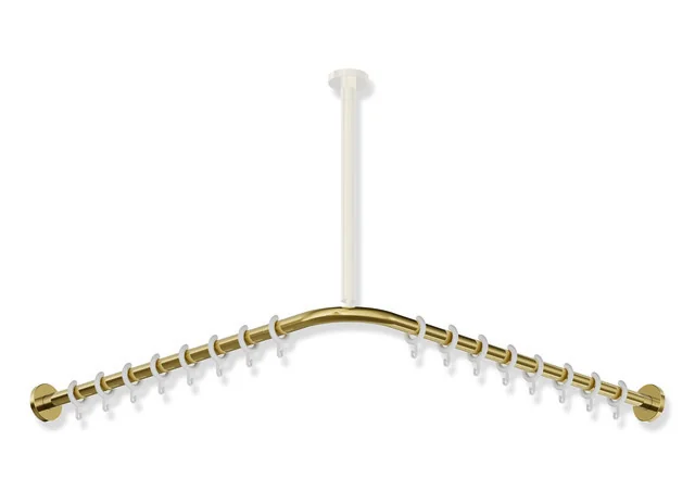 HEWI Vorhangstange System 900, Edelstahl PVD Gold glänzend, Achsmaß 787 x 787 mm, Durchmesser 25 mm, mit 16 Vorhangringen aus weißem POM