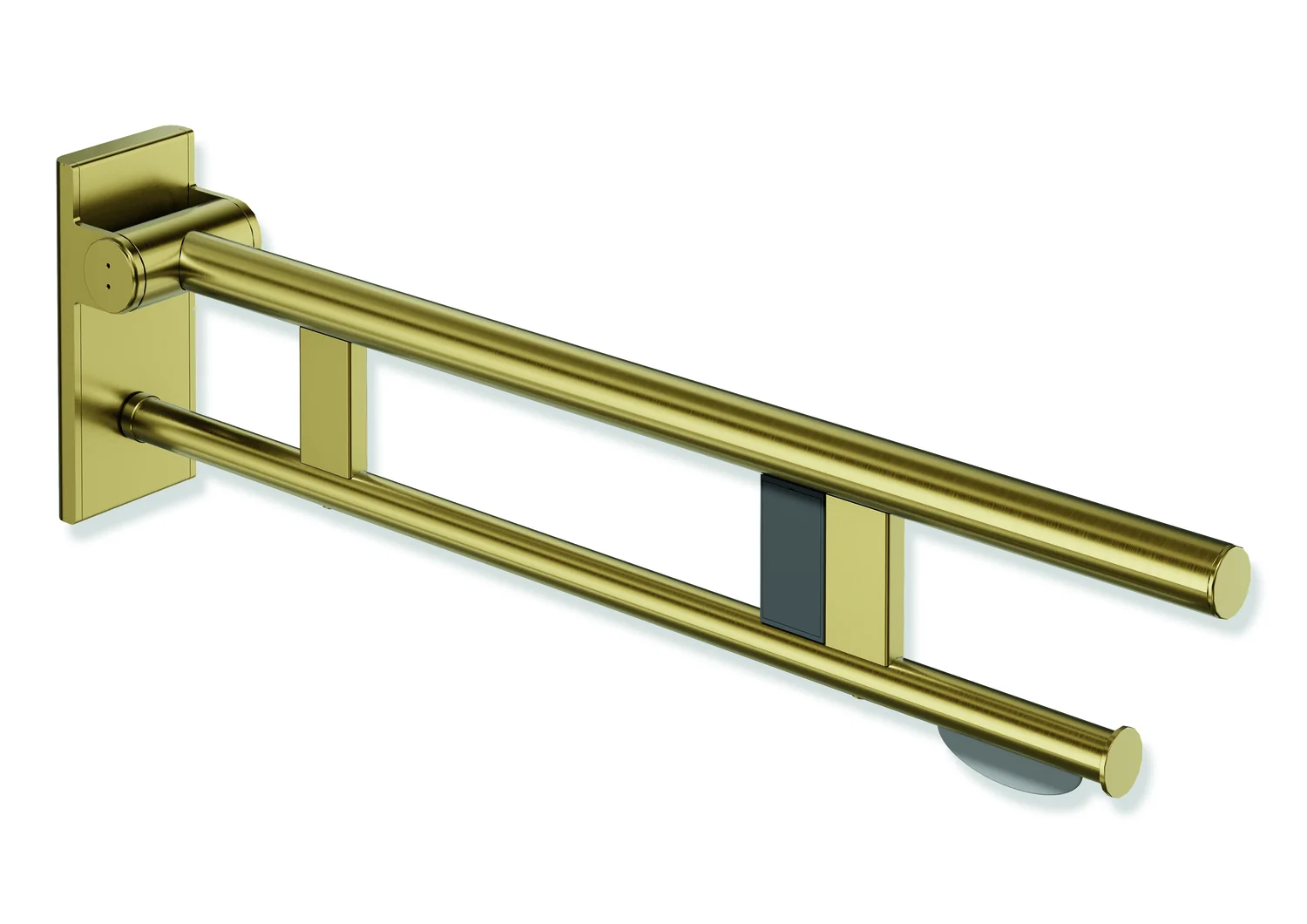 HEWI System 900 - Mobiler Stützklappgriff Duo, Edelstahl PVD gold gebürstet, Ausladung 750 mm, mit WC-Papierhalter und Funk-Spülauslösung, rechts