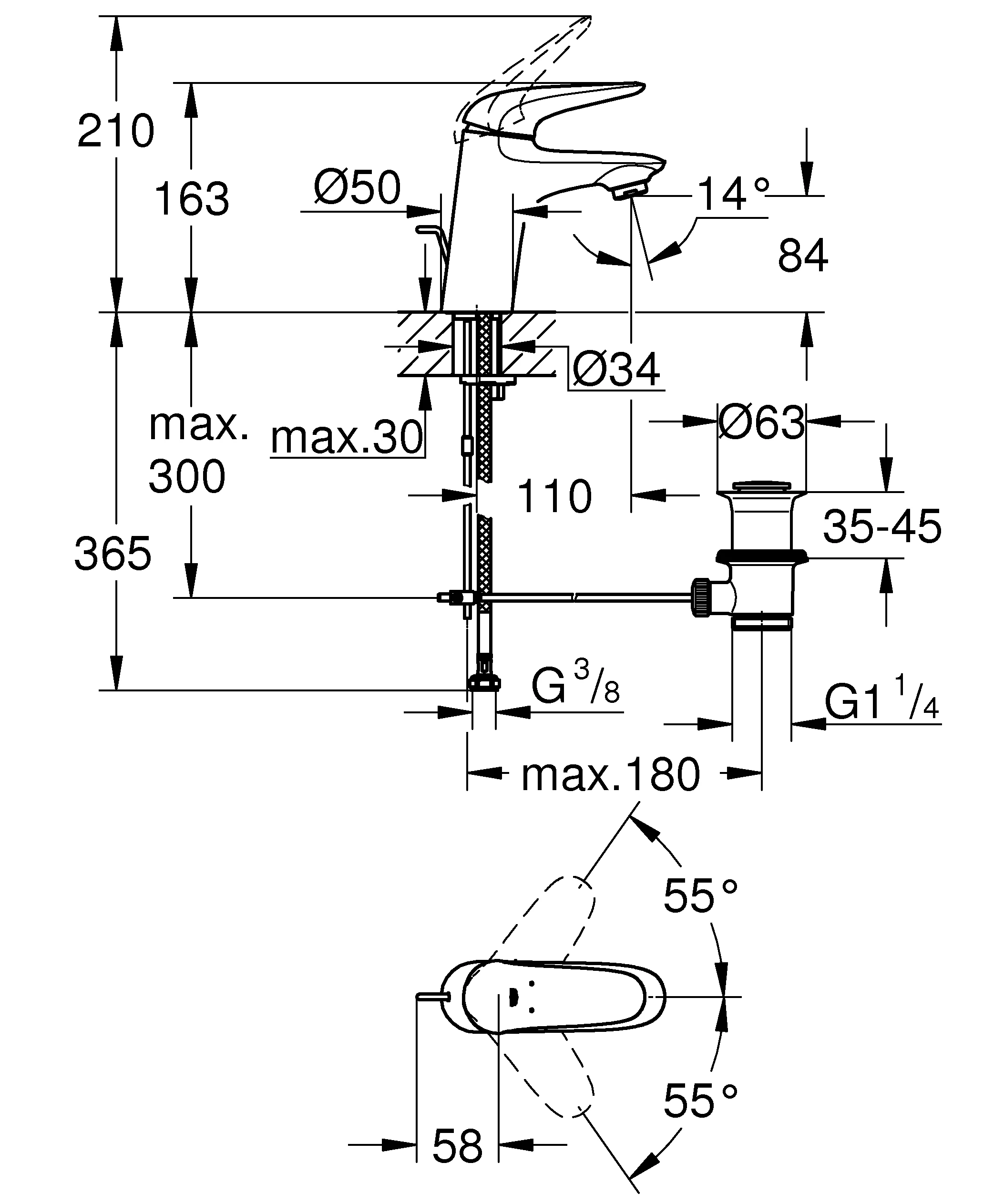 Einhand-Waschtischbatterie Eurostyle 23707_3, S-Size, Einlochmontage, geschlossener Metall-Hebelgriff, Zugstangen-Ablaufgarnitur 1 1/4'', chrom