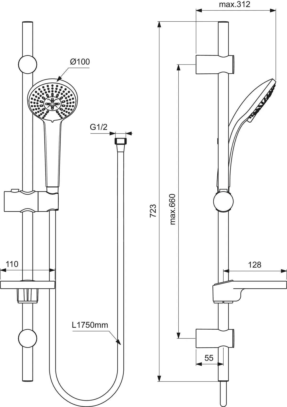 Brausekombination Idealrain 720mm 3-Funktionshandbrause, Durchmesser:100mm Chrom Brausekombination Idealrain 720mm 3-Funktionshandbrause, Durchmesser:100mm Chrom
