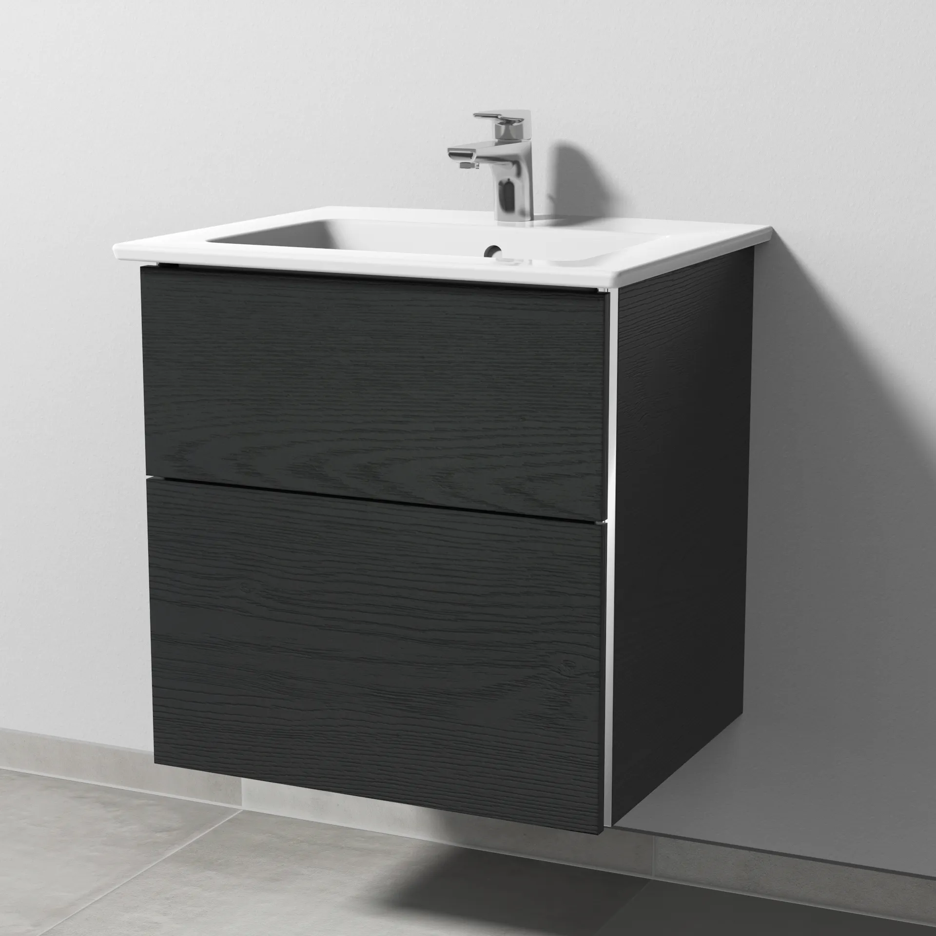 Sanipa Keramik-Waschtisch-Waschtischunterschrank mit Waschtischunterschrank „3way“ 555 × 591 × 477 mm in Black Oak, mit Hahnlochbohrung, Becken mittig