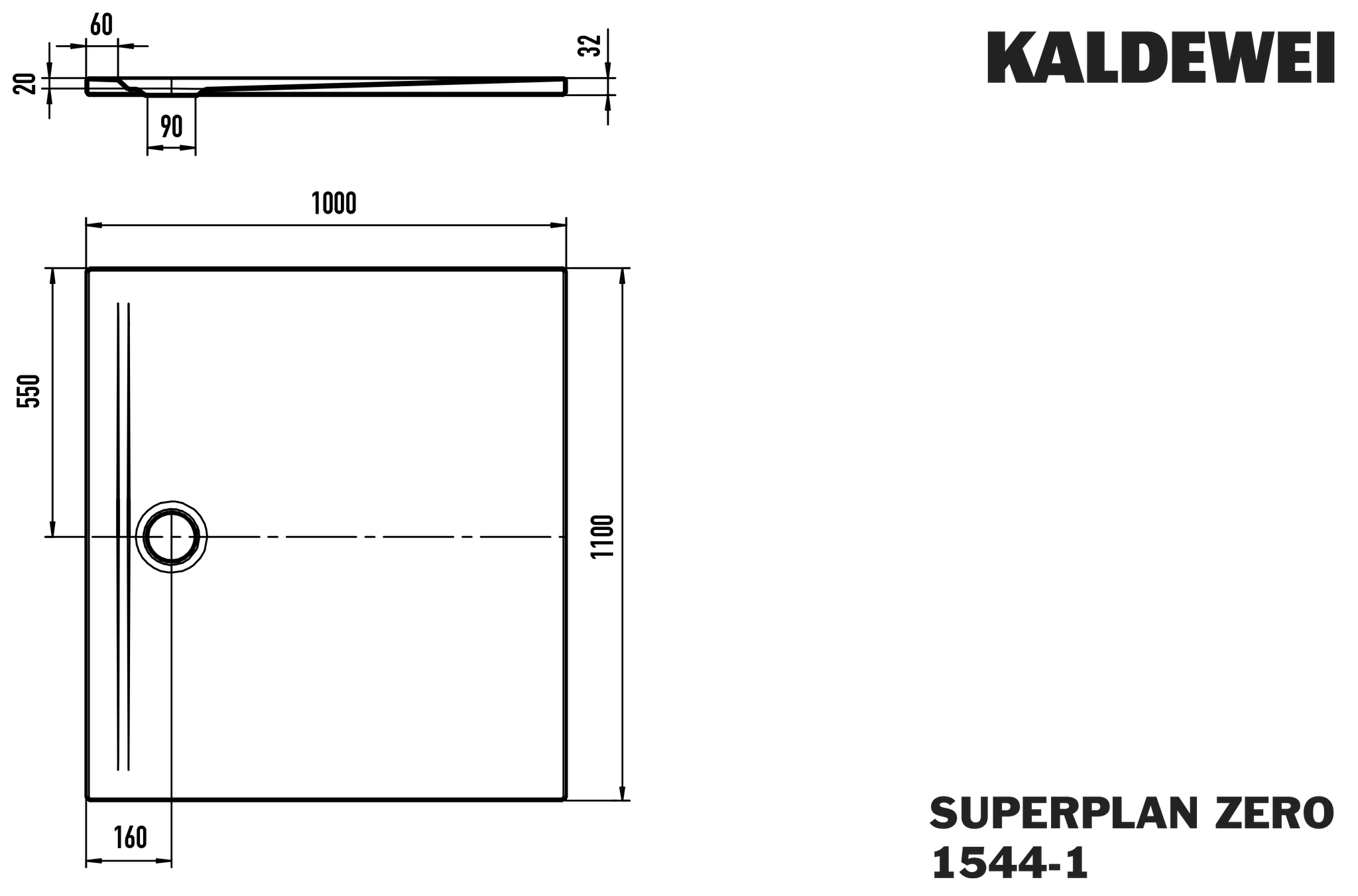 Kaldewei SUPERPLAN ZERO Duschfläche, alpinweiß, 1000 x 1100 mm, bodeneben, 3-seitig begehbar