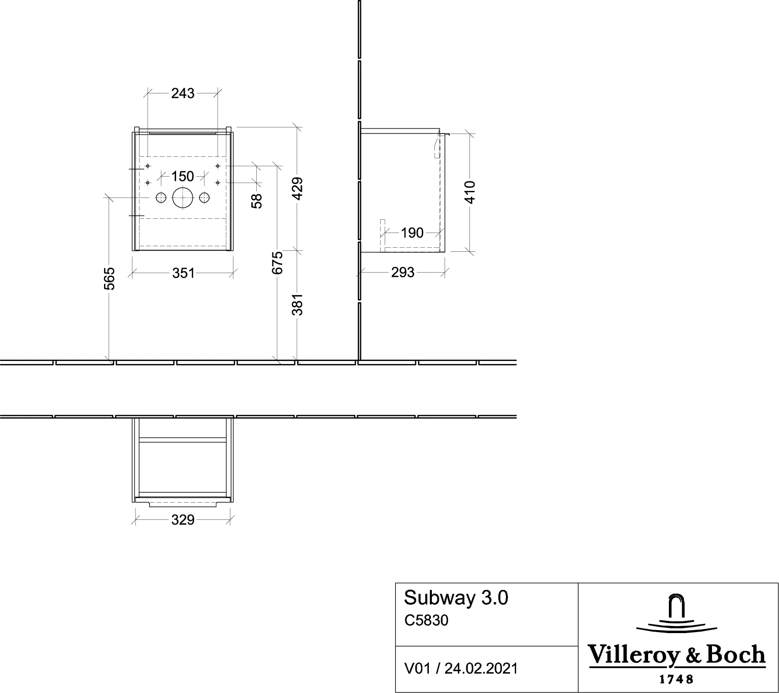 Villeroy & Boch Waschtischunterschrank mit Tür „Subway 3.0“ für Schrankwaschtisch 35,1 × 42,9 × 30,9 × 30,9 cm 1 Tür, Anschlag (Scharnier) links, Waschbecken mittig, 1 Tür, mittig, Anschlag links