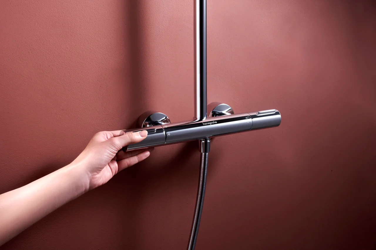 Hansgrohe Raindance Alive S Puro Showerpipe 300 1jet EcoSmart+ mit Ecostat Element, Chrom, 300 mm Brausekopfgröße, 6 l/min Durchfluss, Aufputzinstallation