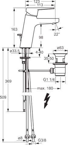 HA Einhebelmischer Waschtischbatterie HANSATWIST XL 0903 Kupferrohr Zugstangenablaufgarnitur Ausladung 123mm Chrom