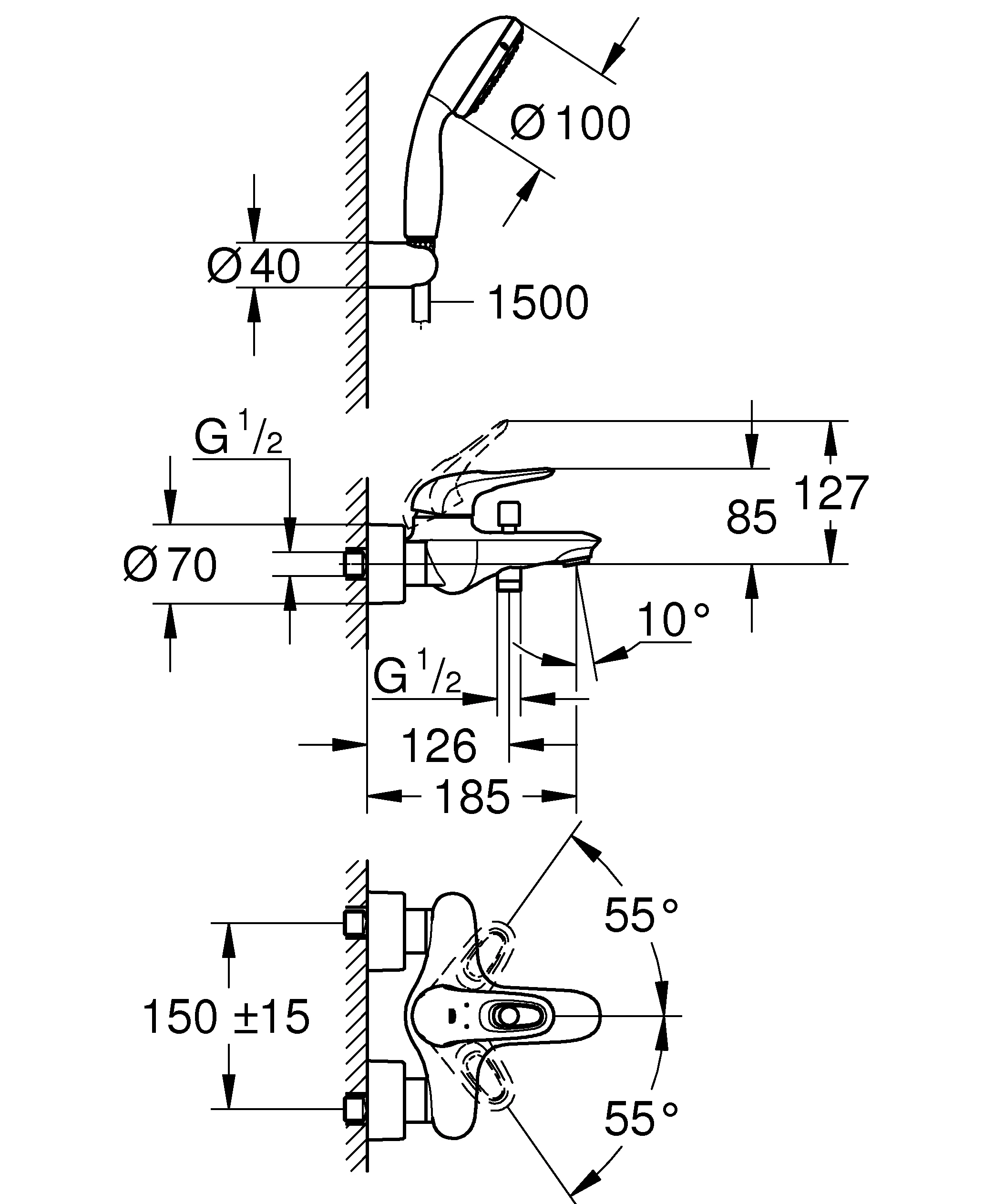 Einhand-Wannenbatterie Eurostyle 33592_3, Wandmontage, mit Brausegarnitur, chrom