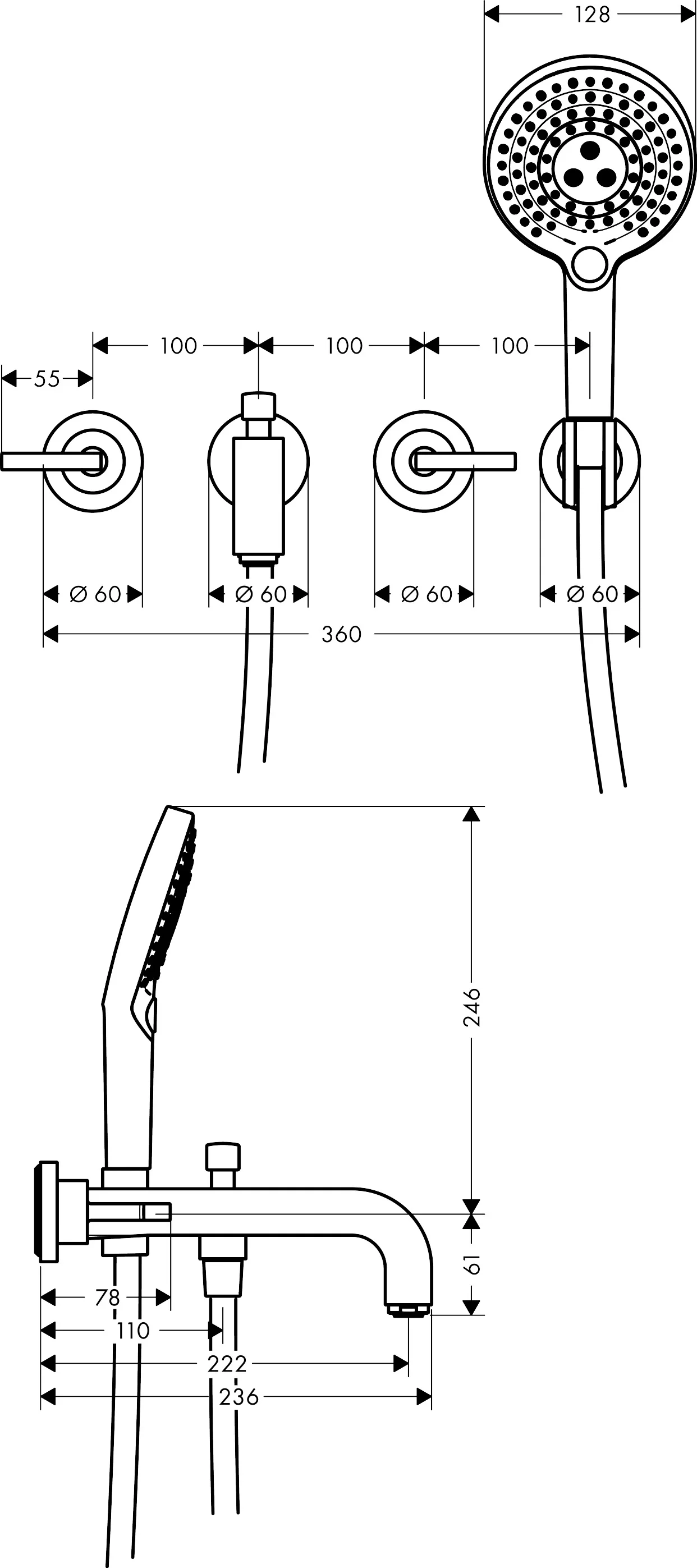 Hansgrohe AXOR Citterio 3-Loch Wannenarmatur Chrom, Ausladung 222 mm, Wandmontage