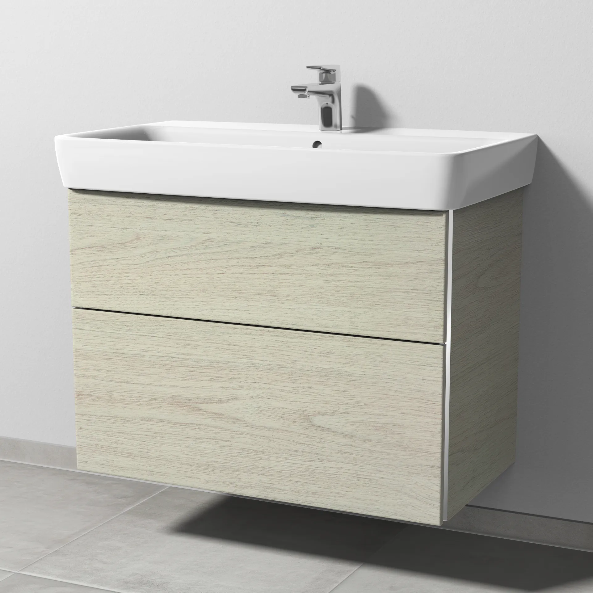 Sanipa Waschtischunterschrank „3way“ passend zu Keramik-Waschtische Renova Plan von Geberit 790 × 588 × 407 mm in White Oak, Becken mittig