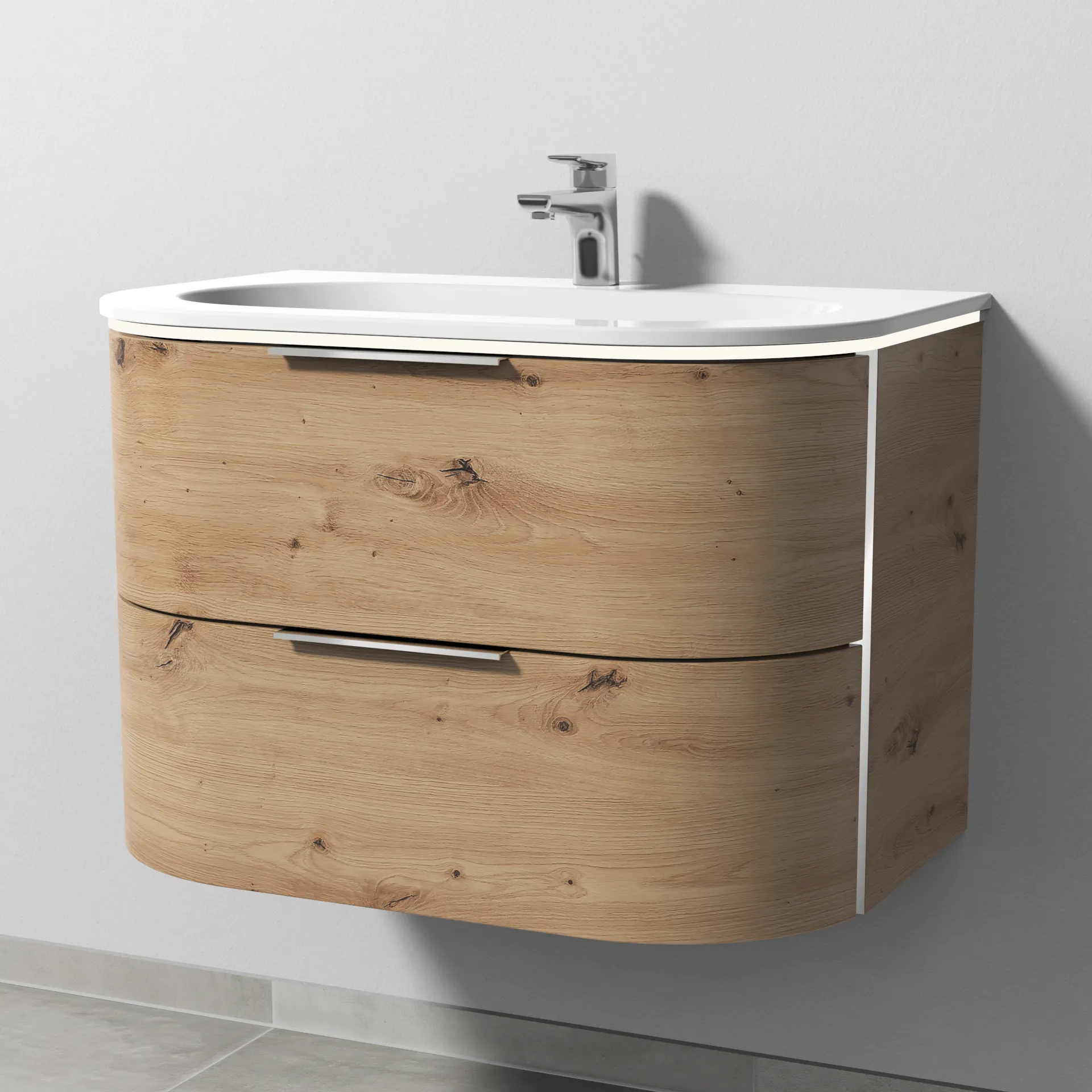 Sanipa Keramik-Waschtisch-Set mit Waschtischunterschrank „4balance“ 784 × 514 × 535 mm in Eiche Natural-Touch, mit Beleuchtung