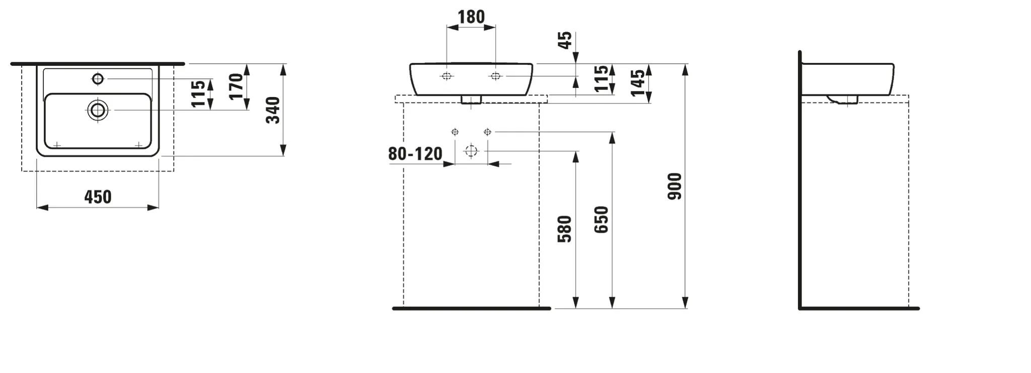 Aufsatzhandwaschbecken PRO A 340x450x145 1 Hahnloch mit Überlauf weiß