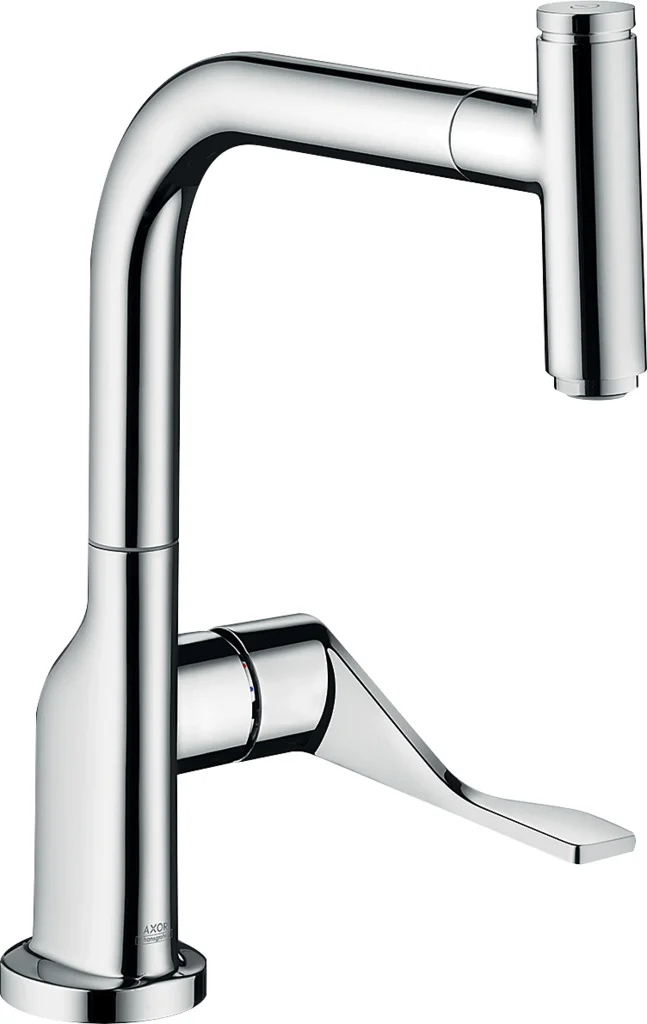 Hansgrohe AXOR Citterio Spültischmischer Select mit Ausziehauslauf, Chrom, ComfortZone 230, Schwenkbereich einstellbar auf 110° oder 150°, Normalstrahl, Select-Knopf, MagFit Brausehalterung, max. Durchflussmenge 9 l/min bei 3 bar, Keramikmischsystem, Tem