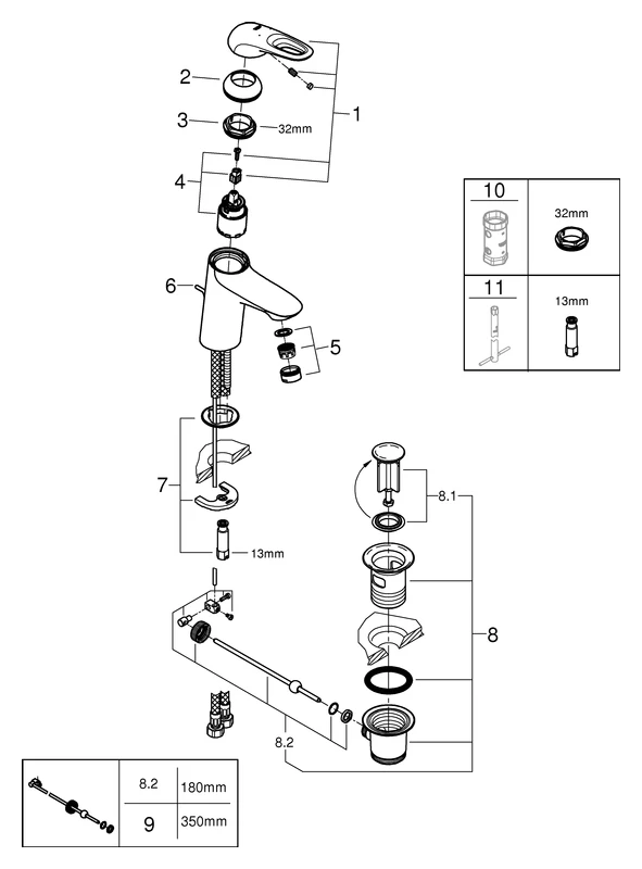 Einhand-Waschtischbatterie Eurostyle 23564_3, S-Size, Einlochmontage, offener Metall-Hebelgriff, Zugstangen-Ablaufgarnitur 1 1/4'', getrennte innenliegende Wasserwege – kein Kontakt mit Blei oder Nickel, chrom