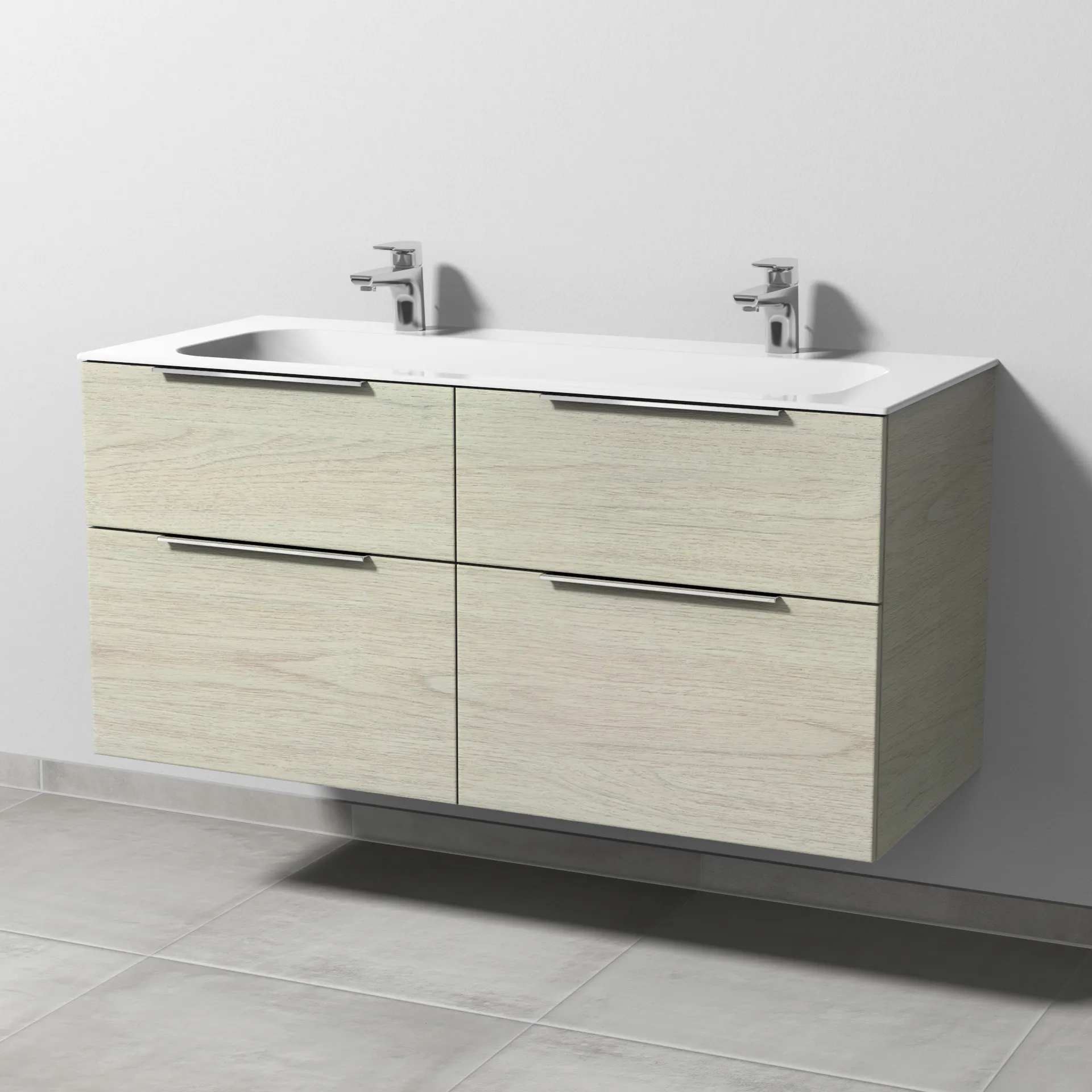 Keramik-Waschtisch-Set mit Waschtischunterschrank „3way“ 119 × 49,7 × 58,2 cm in White Oak, mit Hahnlochbohrung, Becken mittig