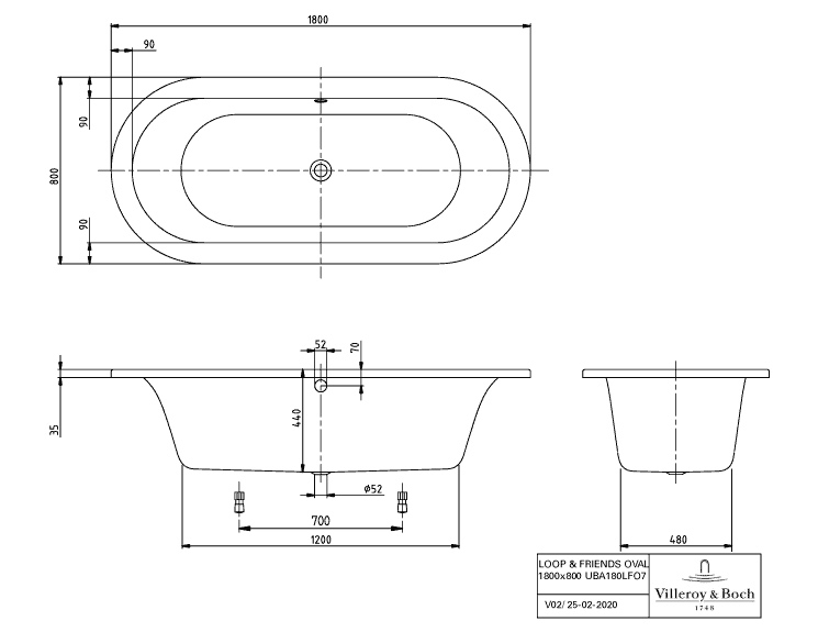 Villeroy & Boch Badewanne „Loop & Friends“ freistehend, mit ovaler Innenform freistehend oval 180 × 80 cm, oval, Mittelablauf 