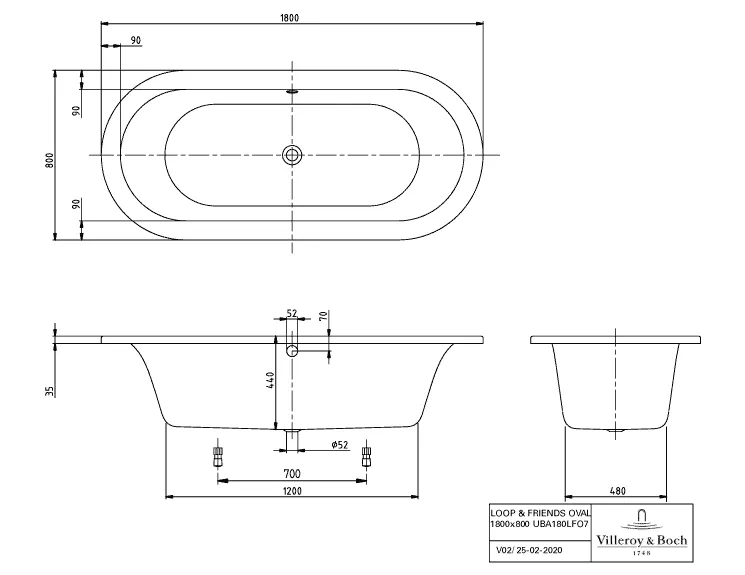 Villeroy & Boch Badewanne „Loop & Friends“ mit ovaler Innenform oval 180 × 80 cm, Mittelablauf