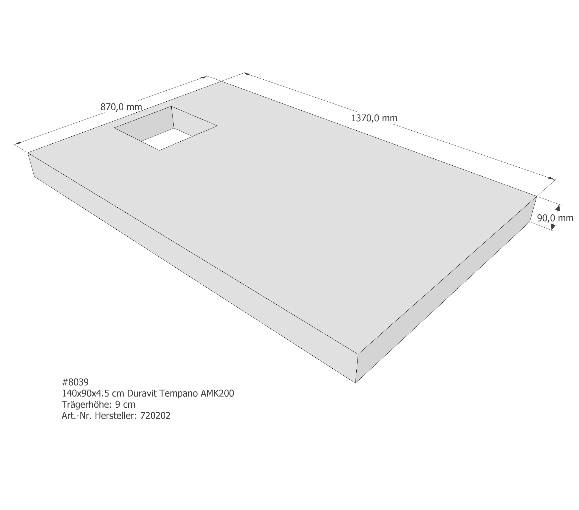 Duschwannenträger für Duravit Tempano 140 × 90 × 4,5 cm Breite: 90 cm / Länge: 140 cm