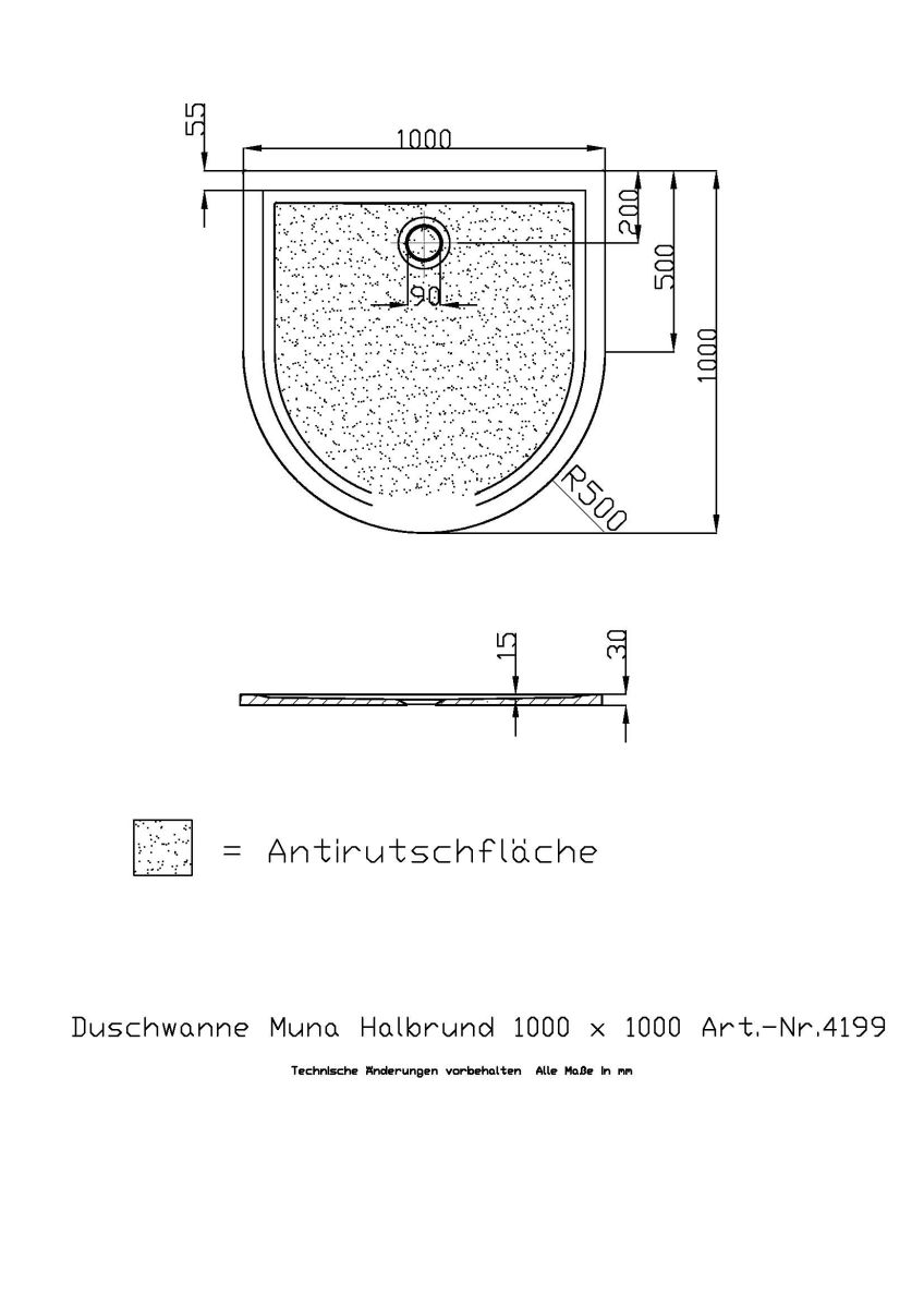 Duschwanne „Muna“ Halbkreis 100 × 100 x 3 cm mit Antirutsch in Farbe Creme 901, B-Ware