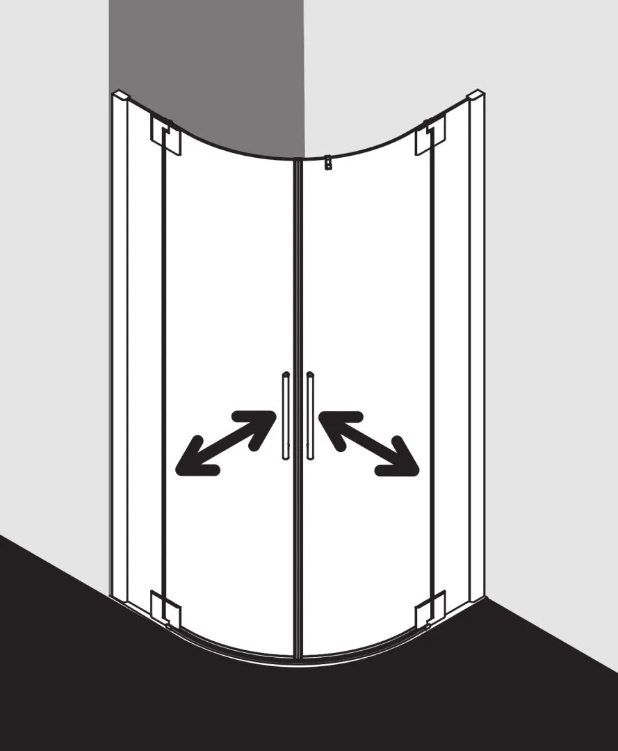 PASA XP PXP55 Viertelkreis-Duschkabine (Pendeltüren mit Festfeldern), Höhe 2000 mm, Wanneneinbaumaß 880-910 mm, Breitenverstellmaß 870-900 mm, Glasaußenkante 855-885 mm, Farbe Silber Mattglanz, Glas ESG Klar