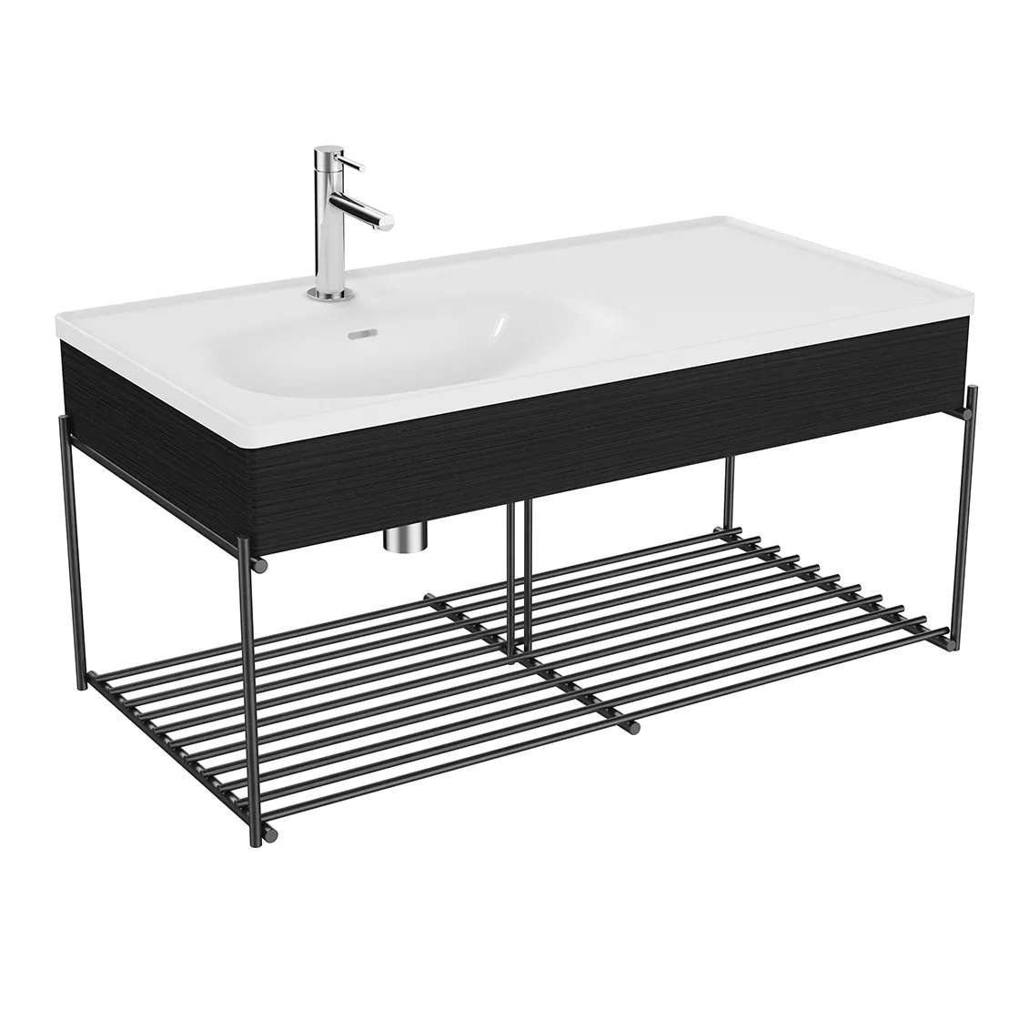 Equal Set Waschtisch asymmetrisch 103 cm mit Holzblende und Ablagegitter Schwarz-Eiche