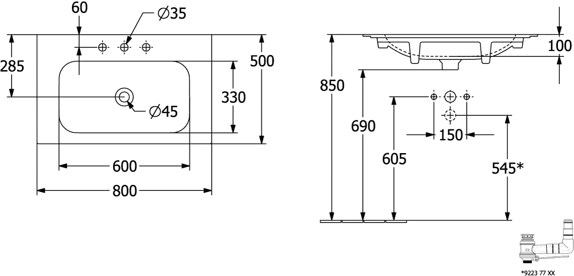 Villeroy & Boch Schrankwaschtisch aus TitanCeram „Finion“ 800 × 500 × 160 mm, mit Hahnlochbohrung, Hahnlochposition mittig in Weiß Alpin, mit CeramicPlus