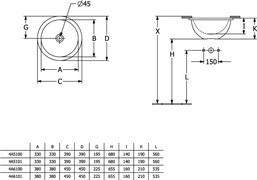 Villeroy & Boch Loop & Friends Unterbauwaschbecken 4A5100, 330x330mm, rund, weiß