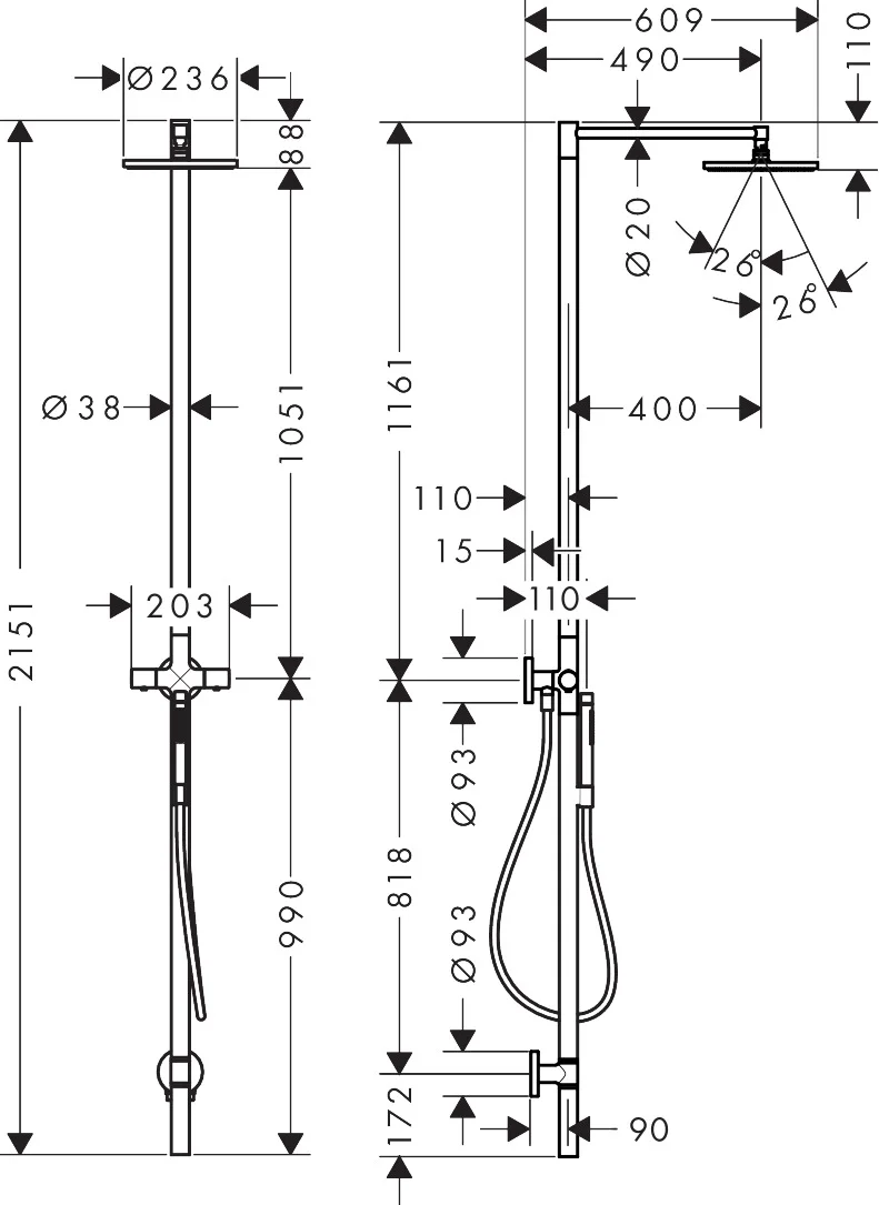 Hansgrohe AXOR Starck Duschsäule mit Thermostat, Kopfbrause 240 1jet, Chrom, 240 mm Brausekopfgröße, DN15 Anschluss Hansgrohe AXOR Starck Duschsäule mit Thermostat, Kopfbrause 240 1jet, Chrom, 240 mm Brausekopfgröße, DN15 Anschluss