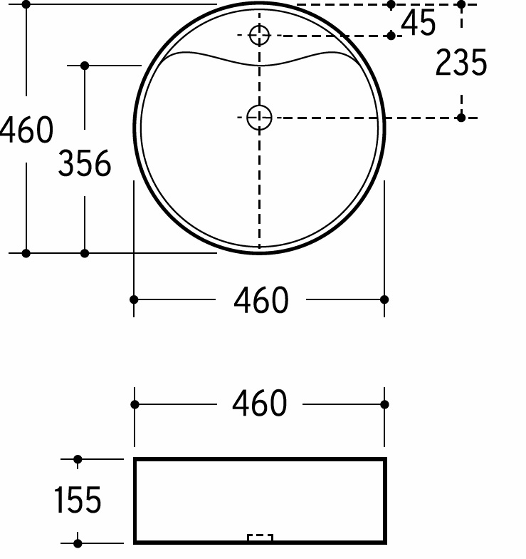 Aufsatzwaschtisch AqvaCeramica - Durchmesser 460 mm - Höhe 155 mm - 1 Hahnloch - Überlauf - weiß