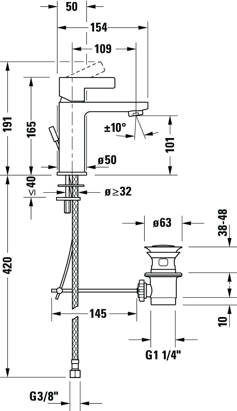 D-Neo Einhebel-Waschtischmischer M mit Zugstange, Ausladung 109mm