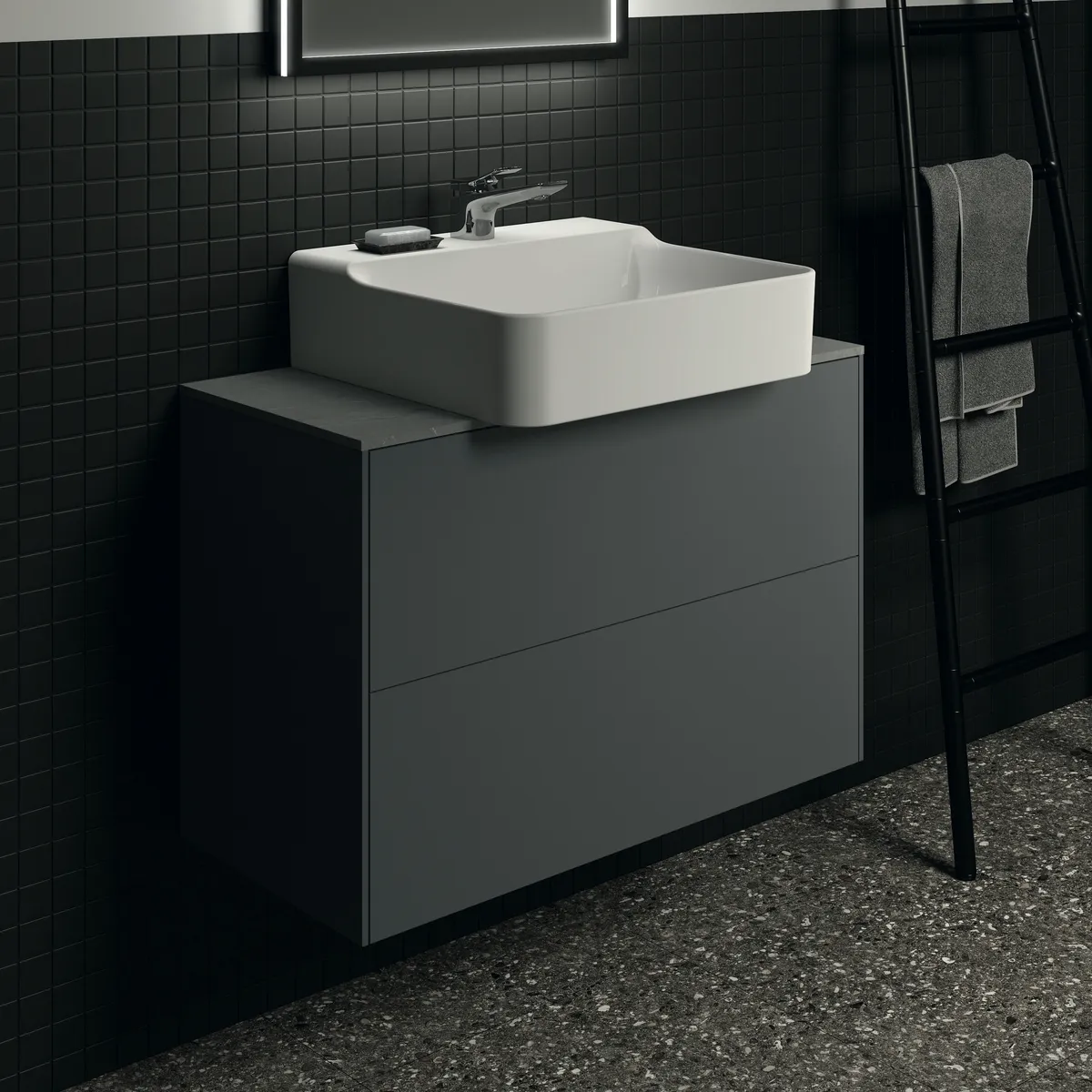 Waschtischplatte Conca, aus Keramik, 802x373x6mm, Marmor Noir Desir