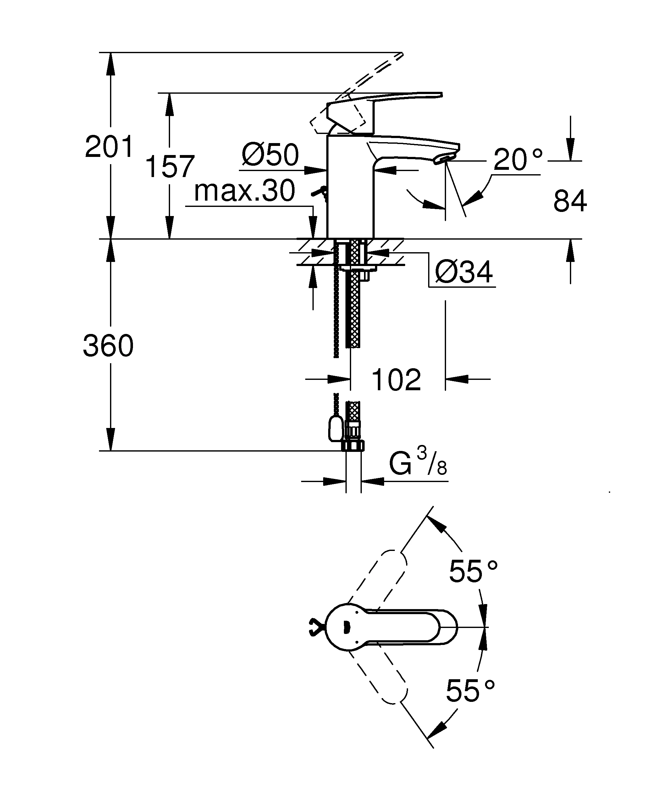 Einhand-Waschtischbatterie Eurostyle Cosmopolitan 33557_2, S-Size, Einlochmontage, versenkbare Kette, chrom