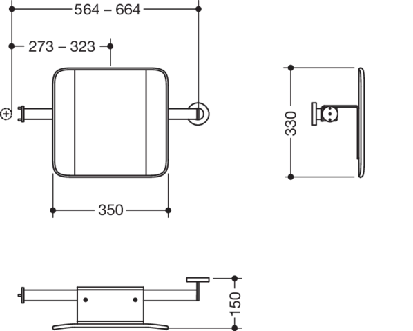 Rückenstütze, System 900, Anbindung Edst. PVD., Lehne Kst., schwarz, Achsmaß verstellbar 564-664 mm, T: 150 mm, einseitig Wandmontage mit Rosetten (links), einseitig Montage an SK-Griffen, Design (A) (rechts), in Farbe CK (messing glänzend)