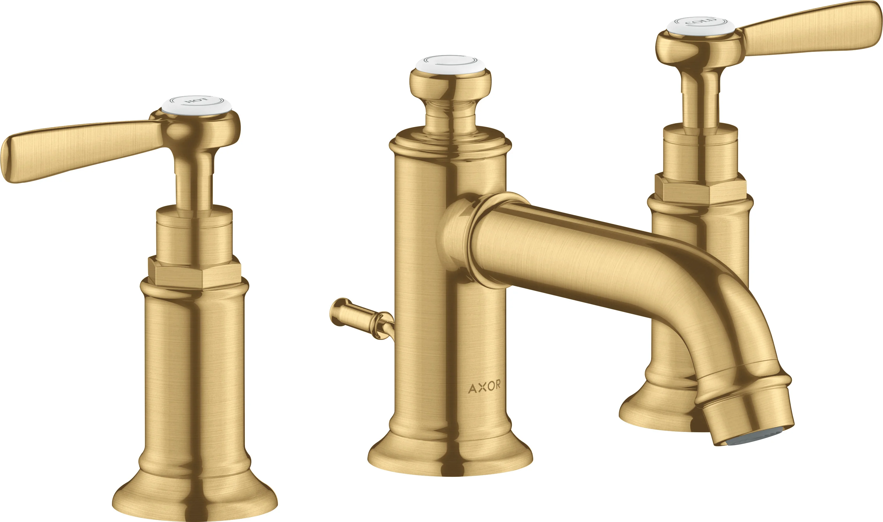 Hansgrohe AXOR Montreux 3-Loch Waschtischarmatur mit Hebelgriff in Brushed Gold Optic, Ausladung 143 mm, ComfortZone 30