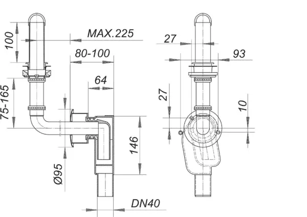 Wandeinbau-Siphon 300 PC CR, DN 40