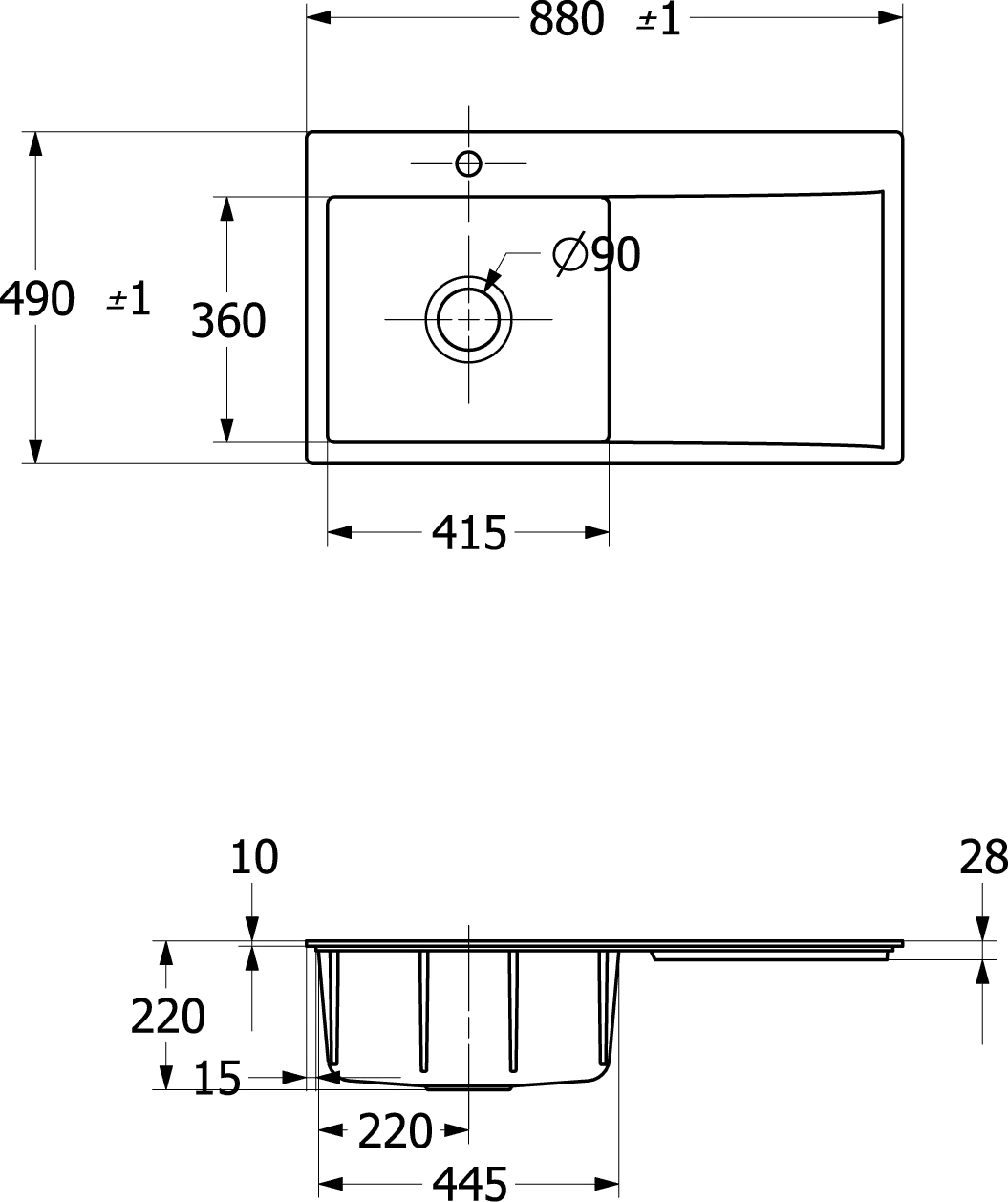 Villeroy & Boch Subway Style 50 Flat 33521F, flächenbündige Spüle, 880x490 mm