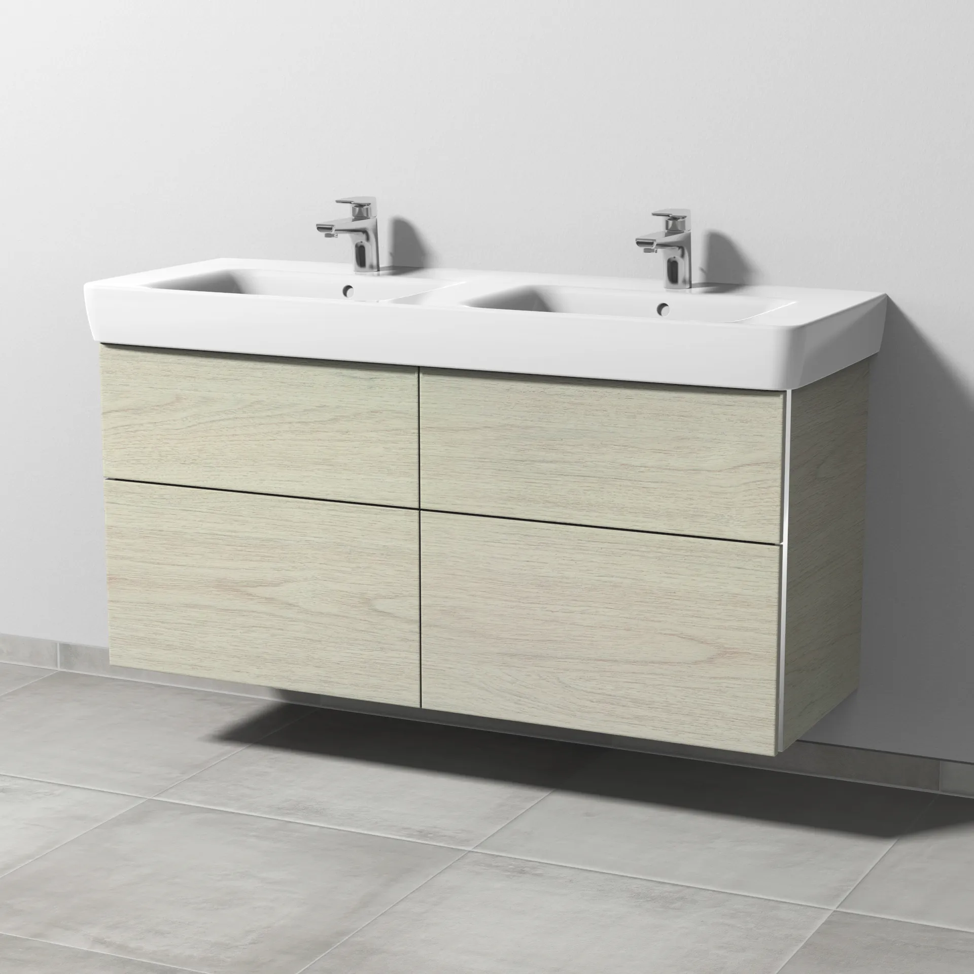 Sanipa Waschtischunterschrank „3way“ passend zu Keramik-Waschtische Renova Plan von Geberit 1240 × 588 × 407 mm in White Oak, Becken mittig