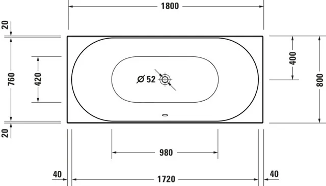 Duravit Badewanne „D-Neo“ rechteck 180 × 80 cm, Mittelablauf