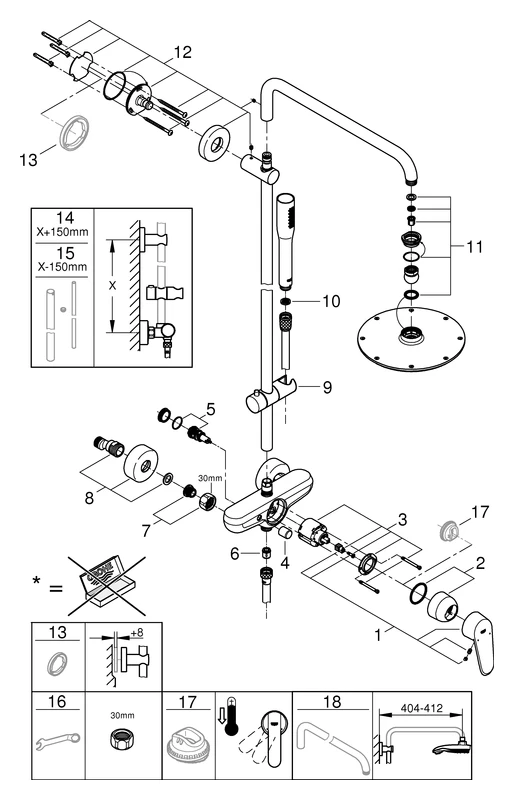 Duschsystem Euphoria Eurodisc Cosmopolitan System 210 23058_3, mit Einhandmischer, Wandmontage, chrom