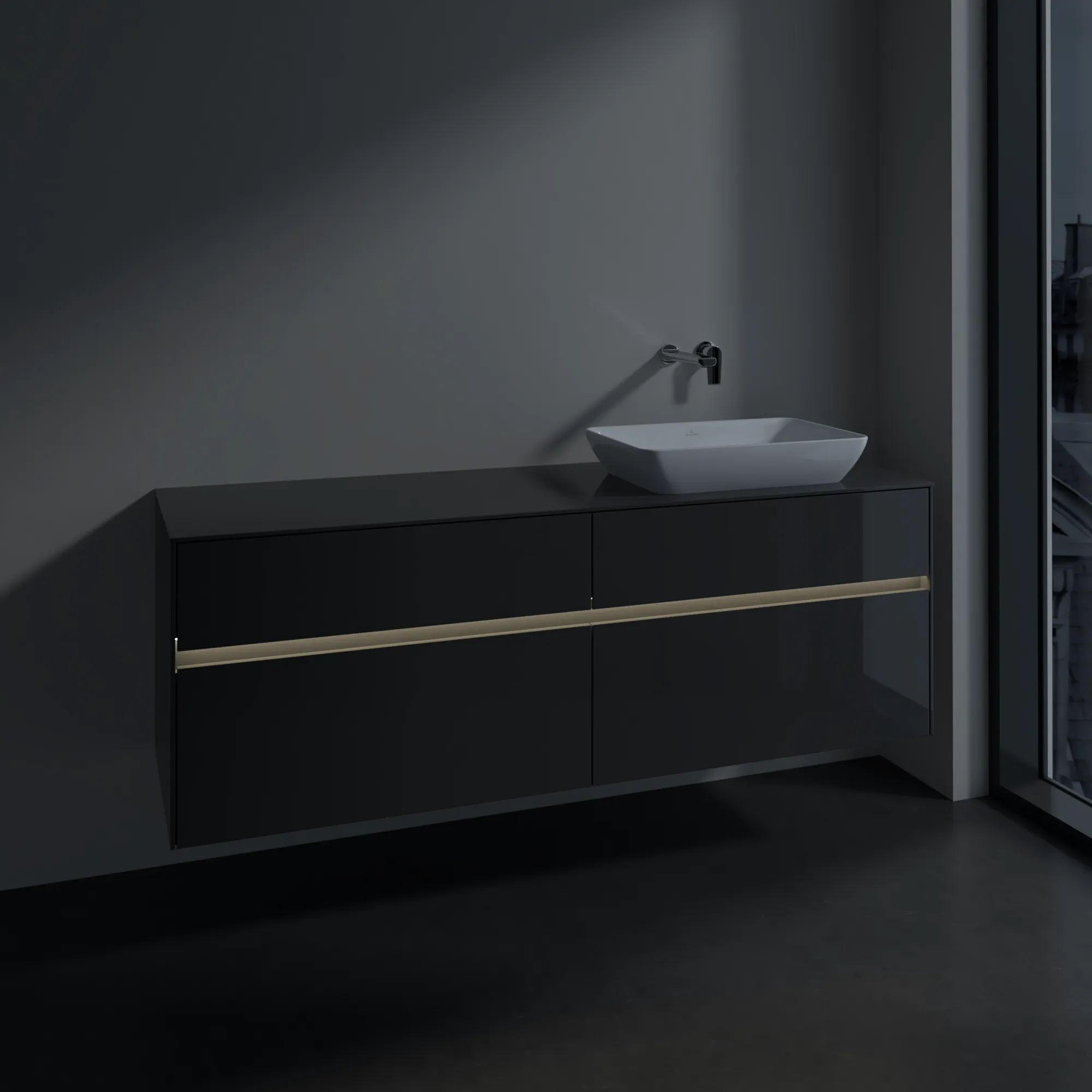 Villeroy & Boch Waschtischunterschrank „Collaro“ 1600 × 548 × 500 mm Glossy Grey, mit Beleuchtung, für Becken rechts Villeroy & Boch Waschtischunterschrank „Collaro“ 1600 × 548 × 500 mm Glossy Grey, mit Beleuchtung, für Becken rechts